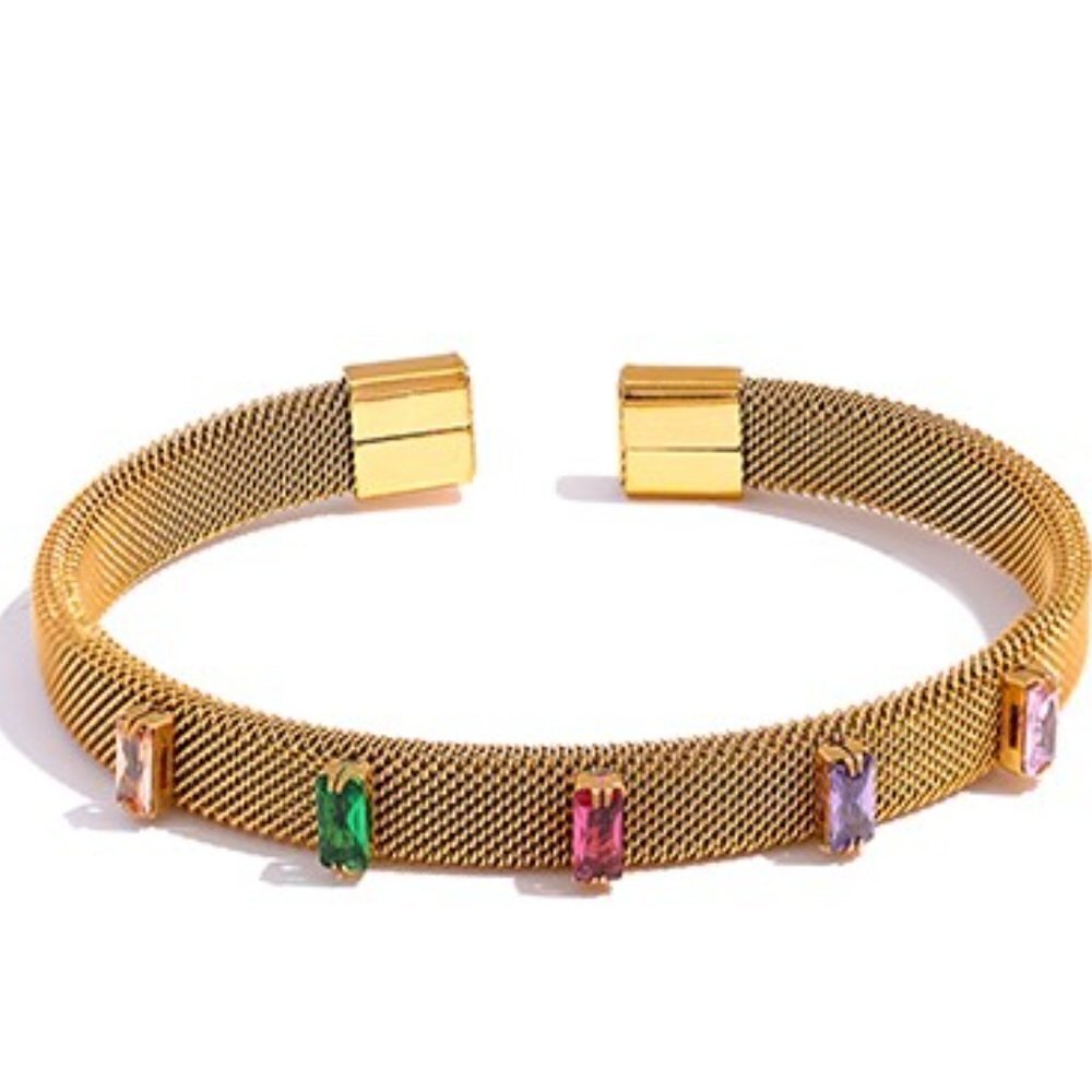 💙 Gold Plated PVD Stainless Steel Mesh Bangle with Multi Coloured Cubic Zi…